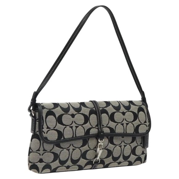 Coach Signature Hand Bag Canvas Gray Black Auth - Picture 1 of 16